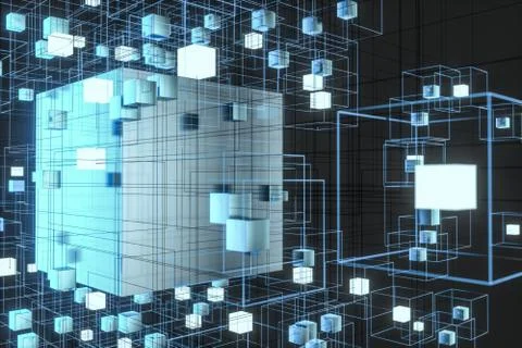 Technology background make up with cubes and lines, 3d rendering. Illustrazione stock