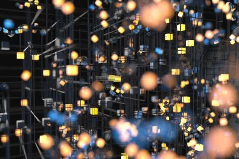Technology background make up with cubes and lines, 3d rendering. Illustrazione stock