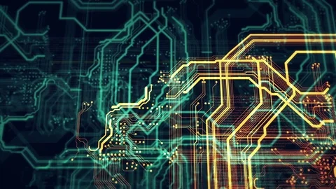 Technology background orange green circuit board Stock Footage