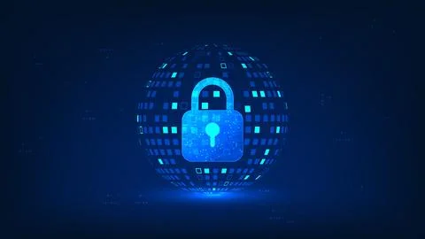 Technology background security lock in front of a spherical structure, repr.. Stock Illustration