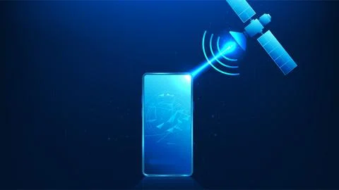 Technology background signal waves transmitted from a satellite to a smartp.. Ilustração Stock