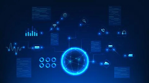 Technology background spherical AI assistant connected to multiple icons, r.. Illustrazione stock