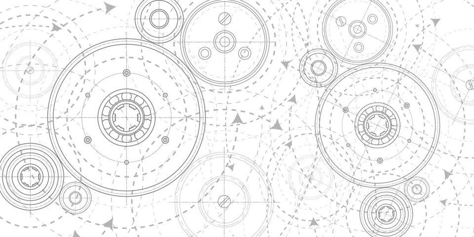 Technology background .Technical drawing of gears .Engineering concept.Rotati Stock Illustration