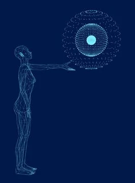 Technology background with three-dimensional body. Wireframe woman touching Stock Illustration