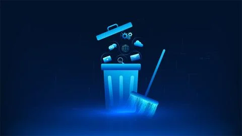 Technology background trash bin with digital icons and a broom symbol above.. Stock Illustration