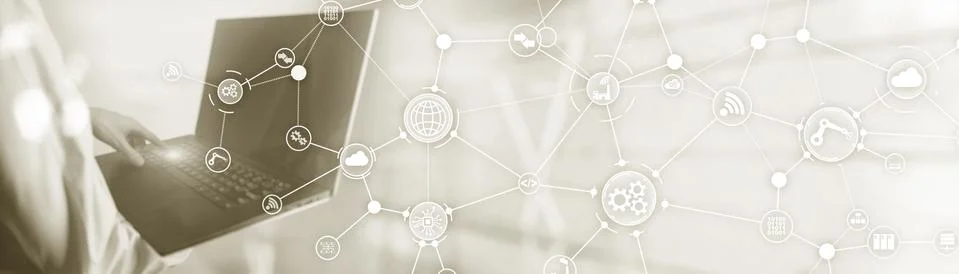 Technology background. Workflow organisation structure on virtual screen. Laptop Stock Photos