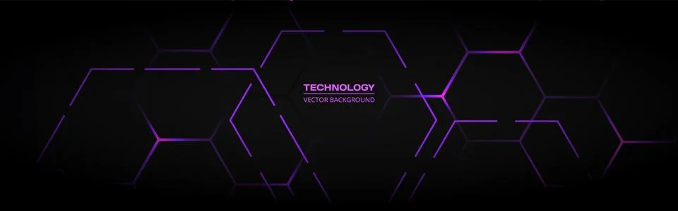 Technology black wide vector abstract background with purple hexagonal elements Illustrazione stock