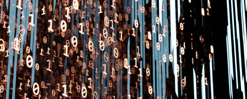 Technology block chain internet binary program code with red and blue light 3d Stock Illustration