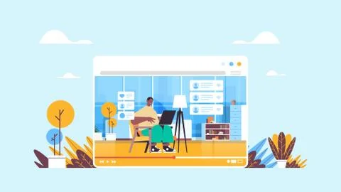 Technology blogger using laptop recording online video blog live streaming 스톡 일러스트