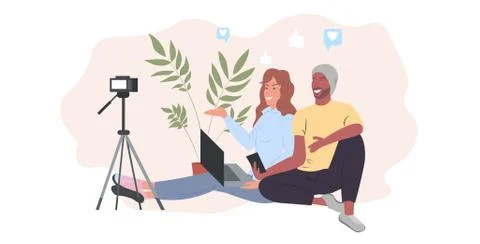 Technology bloggers testing and explaining digital gadgets functional mix rac Stock Illustration