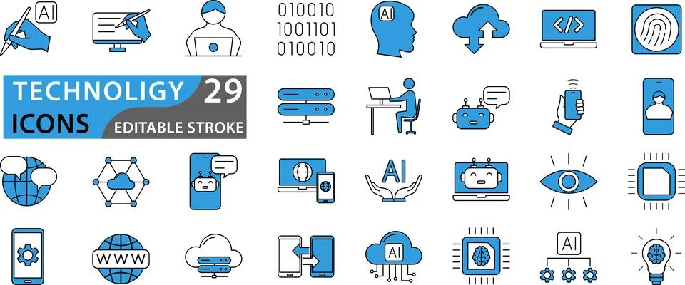 Technology blue icon set Stock Illustration