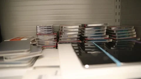 Technology boxes stacked on a shelf in an office. Stock Footage 255315317
