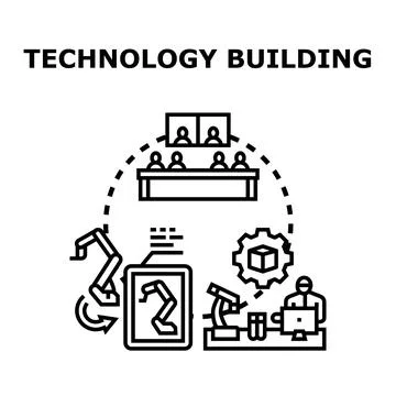 Technology building featuring research, development, and innovation processes Stock Illustration