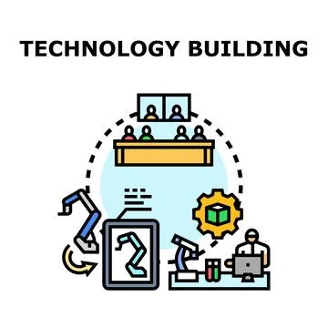 Technology building featuring research, development, and innovation processes Stock Illustration
