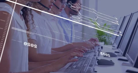 Technology call center agents typing at keyboards, with digital code lines Stock Footage 307435184