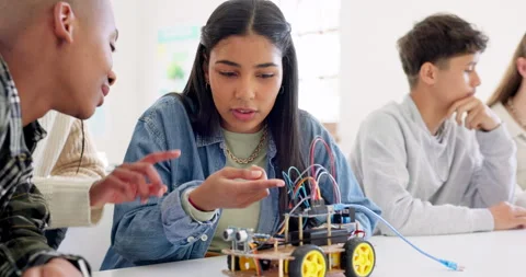 Technology, car robotics and students in classroom, education or learning Stock Footage 249243780