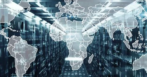 In technology center, image of world map overlaying data servers in use Illustrazione stock