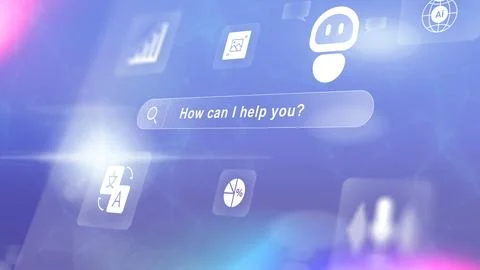 Technology chat interface shows user inquiry and various icons on screen 스톡 일러스트