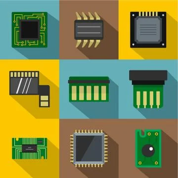 Technology chip icons set, flat style Stockillustratie
