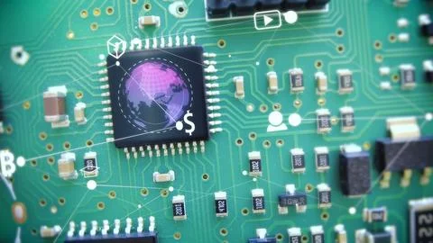 Technology chips on motherboard, computer AI graphics concept. Foto stock