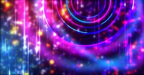 Technology circles moving with speed line in backdrop, NEON Retro Style BG... Stock Illustration