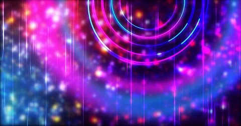 Technology circles moving with speed line in backdrop, NEON Retro Style BG... Illustrazione stock