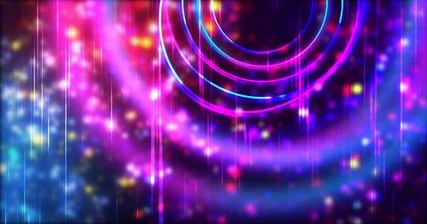 Technology circles moving with speed line in backdrop, NEON Retro Style BG... Illustrazione stock