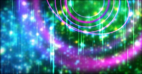 Technology circles moving with speed line in backdrop, NEON Retro Style BG... Stock Illustration