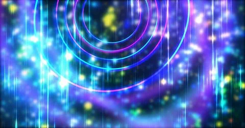 Technology circles moving with speed line in backdrop, NEON Retro Style BG... Stock Illustration