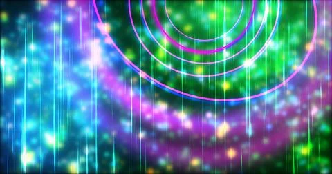 Technology circles moving with speed line in backdrop, NEON Retro Style BG... Stock Illustration