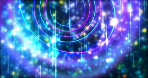 Technology circles moving with speed line in backdrop, NEON Retro Style BG... Stock Illustration