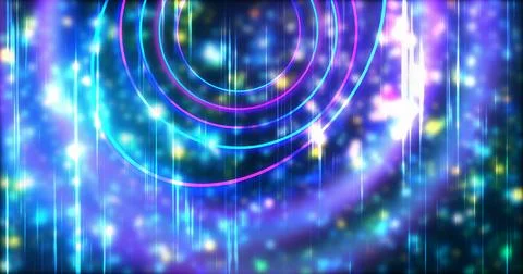 Technology circles moving with speed line in backdrop, NEON Retro Style BG... Illustrazione stock