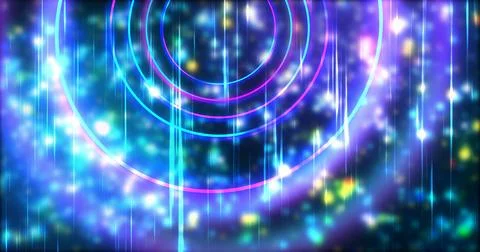 Technology circles moving with speed line in backdrop, NEON Retro Style BG... Illustrazione stock