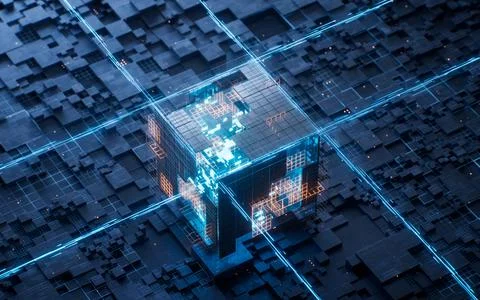 Technology circuit board and core, 3d rendering. Stock Illustration