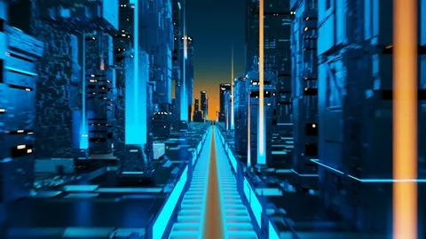 Technology City of the Future. Virtual metropolis Aerial Flight in Cyber Space 库存影片 84368712