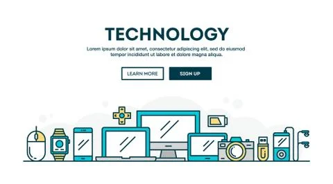 Technology, colorful concept header, flat design thin line style Stock Illustration