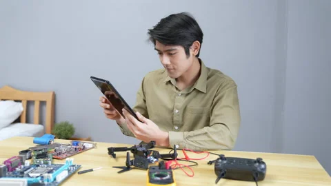 Technology concept of 4k Resolution. Asian man fixing drone in room. check fo Stock Footage 197436882