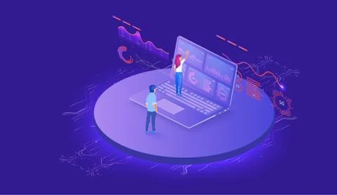 Technology concept. Build a chart and graphs. Application of laptop with Stock Illustration