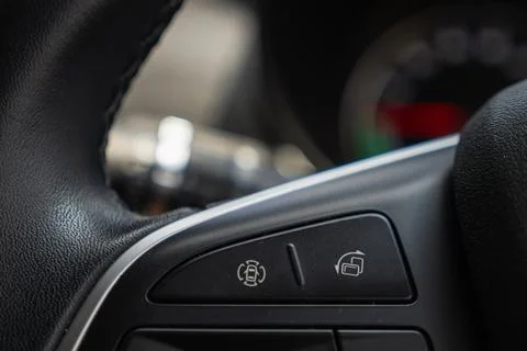 Technology concept close-up of car control dashboard buttons in a modern ve.. Stock Photos