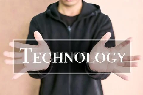 Technology concept on a digital screen in human hand Stock Photos