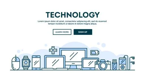 Technology, concept header, flat design thin line style Illustrazione stock
