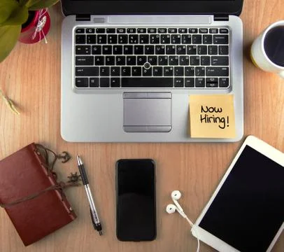 A Technology Concept - high angle view of an office with a Lapto Stock Photos