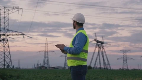 Technology concept with high voltage power lines. electrical engineer helmet Stock Footage 172070369