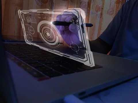 Technology concept Laptop program control and display menu for cyber 스톡 사진