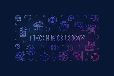 Technology concept line colored banner. AI and ML Tech vector horizontal il.. Stock Illustration