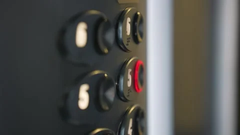 Technology concept. man presses elevator button. hand close up. panel with Video stock 260806363