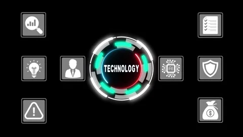 Technology concept set with central circle button and surrounding symbols o.. 動画素材 331566585