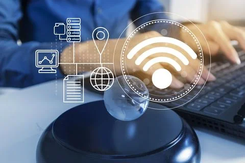Technology concept Wi-Fi 7 wireless network standard increases efficiency i.. Stock Photos