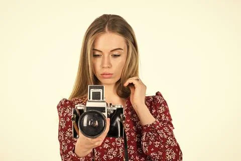 Technology concept. Woman work with camera. Turn Your Creativity Into Career Stock Photos