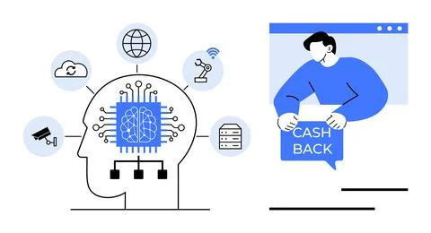 Technology Concepts Featuring Brain Circuit and Cash Back Online Interaction Illustrazione stock